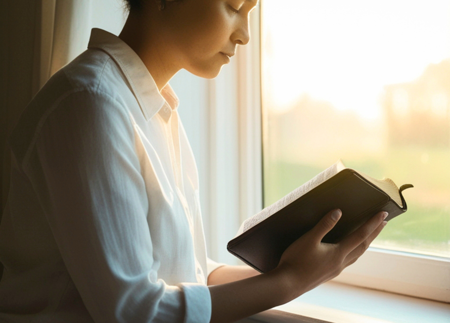 Person reflecting with faith while processing grief and emotional healing after loss.